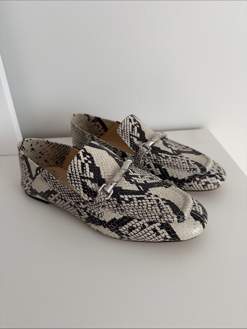 Vince Camuto Black & White Snake-Print Loafers with Silver Bit